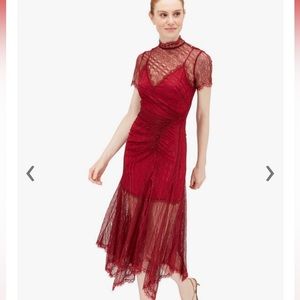 JONATHAN SIMKHAI Siren Red Satin Lace Short Sleeve Dress